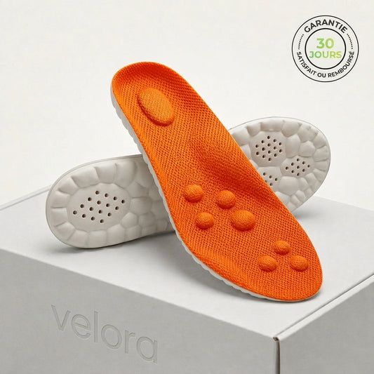 Semelles Velora Step orange posees sur leur boite, garantie 30 jours