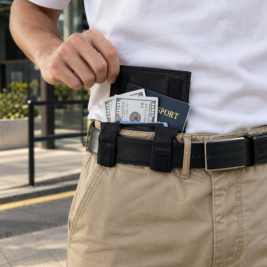 Velora Pocket porté à la ceinture, cartes et billets glissés à l'intérieur